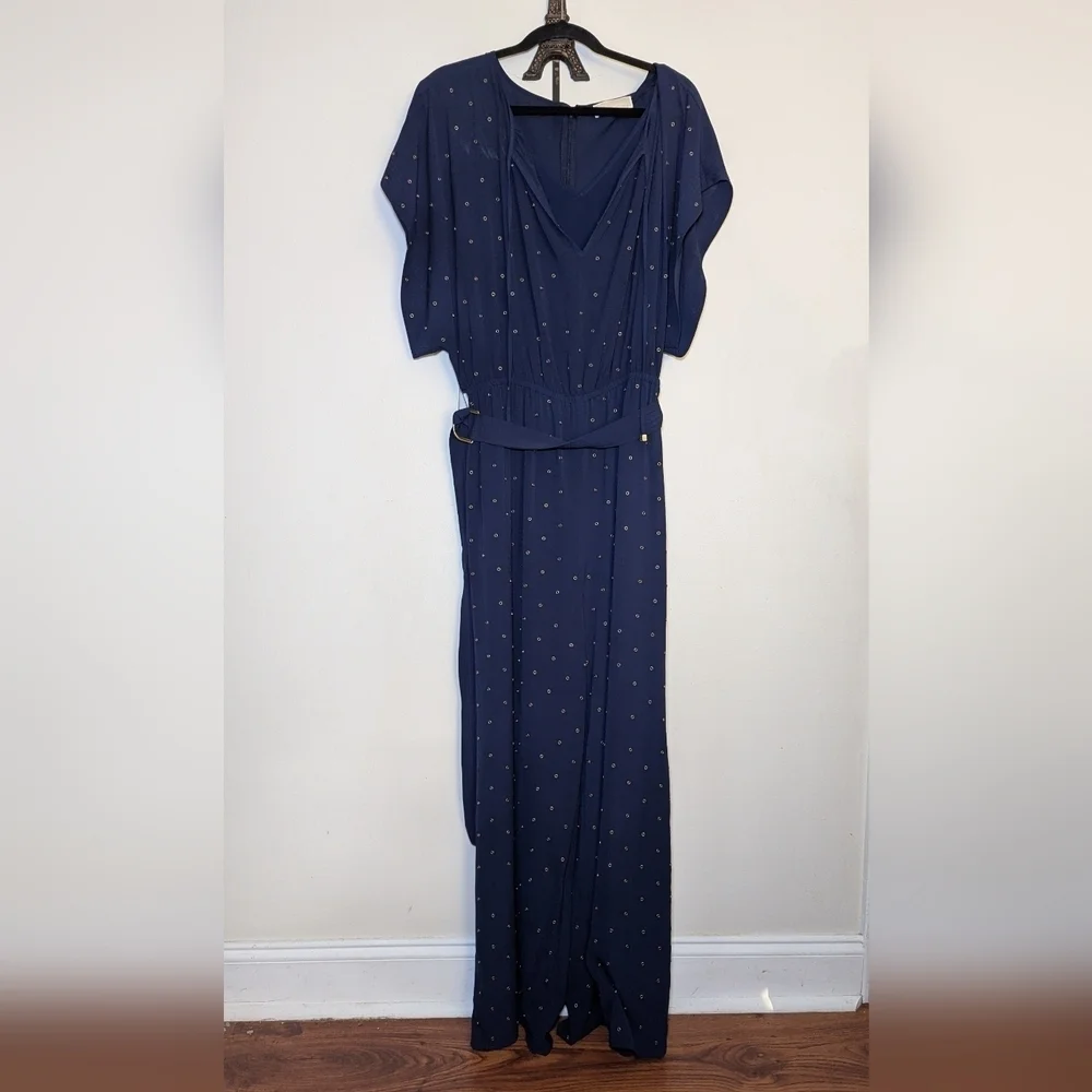 Michael Kors Navy + Gold Grommet Jumpsuit Belted Women's Size 8